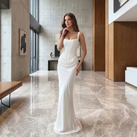 Women Slim Fit Corset Strap Maxi Dress Solid Color Bodycon Ruched Elegant Evening Party Top And Bottom Dress