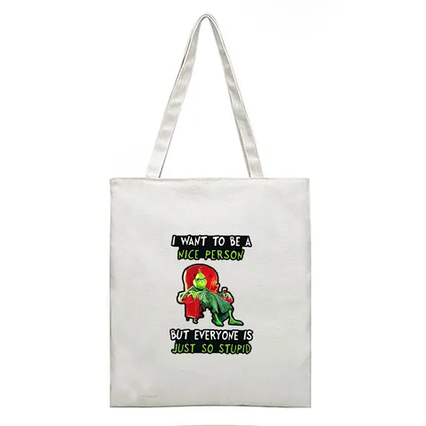 Christmas Peripheral Festival Handbag Canvas Bag Grinch Christmas Monster Green Fur Monster Printed Canvas Book Bag