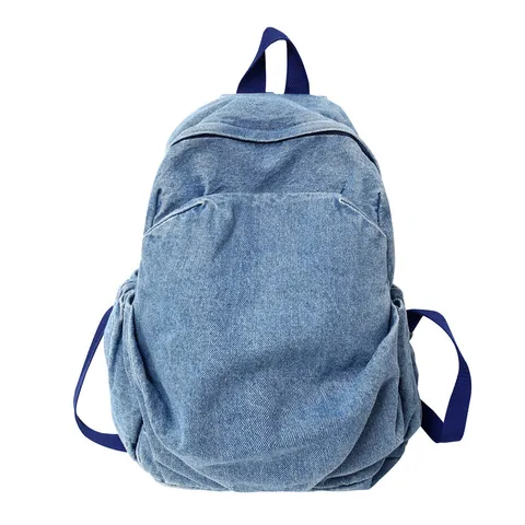 Zaino da Donna in Denim Lavato Rétro Zaino Scolastico Tinta Unita Casual di Tendenza Borsa da Viaggio alla Moda