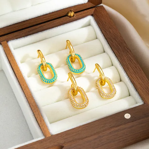 Boucles d'Oreilles Double Anneau Géométrique en Cuivre Plaqué Or 16K Luxe Micro Strass Boucles d'Oreilles Femme Bijoux Cadeau