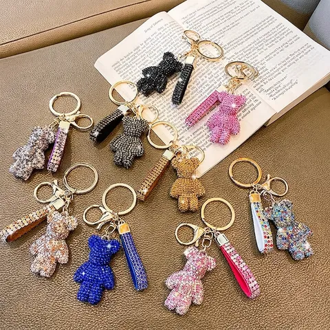 Luxurious Rhinestone Bear Keychain For Women Metal Crystal Animal Pendant Bag Charm Car Key Ring Fashion Jewelry Accessory