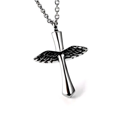 Vintage Titanium Steel Wings Cross Cremation Urn Pendant Necklace For Ashes Polished Memorial Perfume Bottle Ashes Jewelry