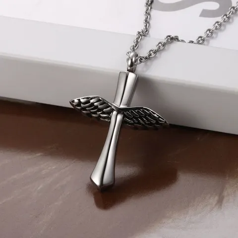 Vintage Titanium Steel Wings Cross Cremation Urn Pendant Necklace For Ashes Polished Memorial Perfume Bottle Ashes Jewelry