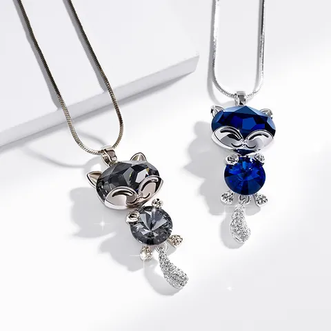 Mode Damen Katze Anhänger Lange Halskette Koreanischer Stil Pulloverkette Künstlicher Kristall Strass Eingelegter Schmuck