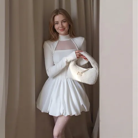French Vintage Princess White Puff Skirt Women Elegant Mesh Patchwork Hollow Out High Waist Long Sleeve Mini Dress Party