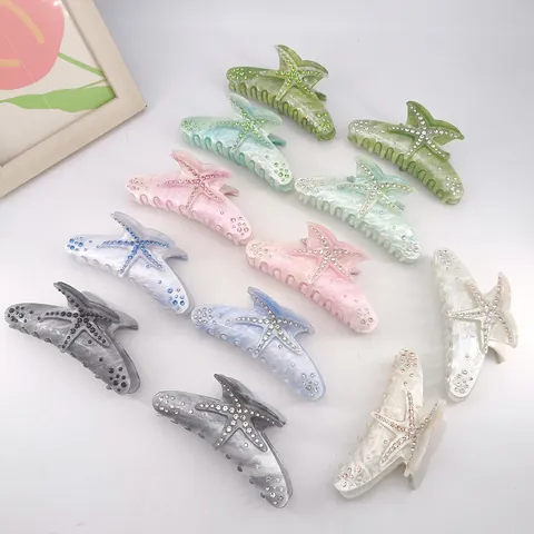 Summer Starfish Shape Acetate Hair Claw Clip Elegant Marble Pattern Rhinestone Shark Clip Coastal Vacation Hair Accessories For Women