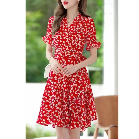 Women Floral Print V Neck Short Sleeve Midi Dress Summer Casual Vintage Flare Sleeve A-Line Waist Tie Slim Fit Elegant Sundress