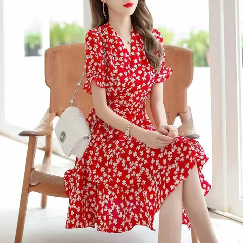 Women Floral Print V Neck Short Sleeve Midi Dress Summer Casual Vintage Flare Sleeve A-Line Waist Tie Slim Fit Elegant Sundress