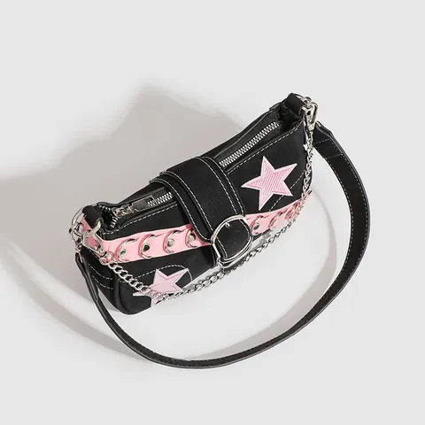 Y2K Étoile Chaîne Métallique Sac Sous l'Aisselle Cuir PU Sweet Cool Spice Girl Sac à Bandoulière Rose Noir Petit Sac