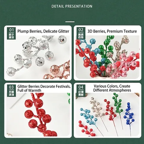 Christmas Glitter Berries Stems Foam Berry Branches For Xmas Tree Decoration Holiday Home Party Floral Decor