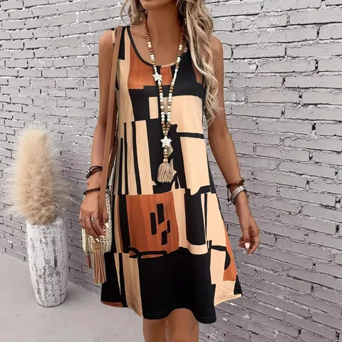 Robe Décontractée en Maille Sans Manches pour Femmes Col Rond Imprimé Géométrique Abstrait Ample Robe Midi Été Mode Streetwear Plage