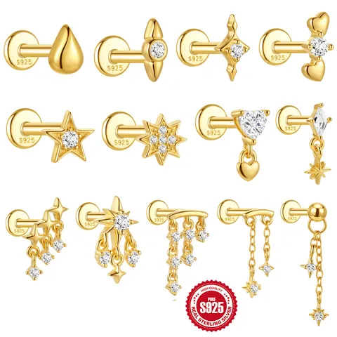 925 Sterling Silver Eight-Pointed Star Tassel Stud Earrings For Women Zirconia Gold Plated Piercing Helix Ear Bone Nail Jewelry