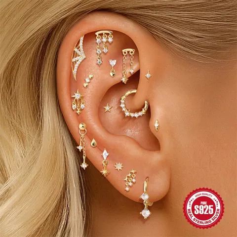 925 Sterling Silver Eight-Pointed Star Tassel Stud Earrings For Women Zirconia Gold Plated Piercing Helix Ear Bone Nail Jewelry