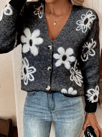 Damen Casual Gänseblümchen Jacquard Strickjacke V Ausschnitt Langarm Lockere Passform Polyester Pullover Top Für Herbst Winter