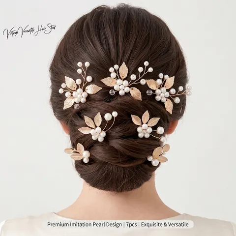 Handmade Alloy Artificial Pearl Flower Hair Stick Set Gold Leaf Rhinestone Wedding Bridal Hair Jewelry For Women