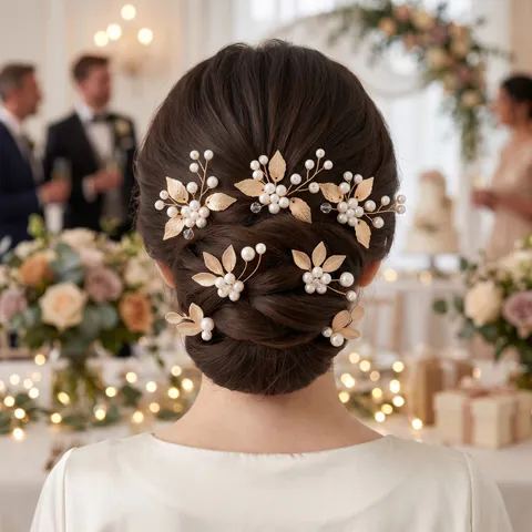 Handmade Alloy Artificial Pearl Flower Hair Stick Set Gold Leaf Rhinestone Wedding Bridal Hair Jewelry For Women