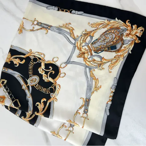 Women Square Scarf Satin Polyester Hair Bandana Baroque Equestrian Chain Print Satiny Elegant Headwrap Neck Accessory