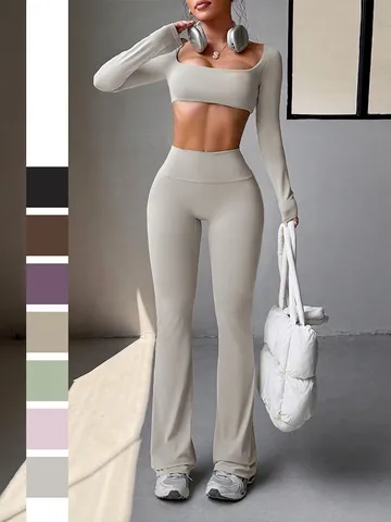 Damen Langarm Quadratischer Ausschnitt Crop T-Shirt Und Schlaghose Yoga Sportbekleidung Polyamid Elastischer Strick