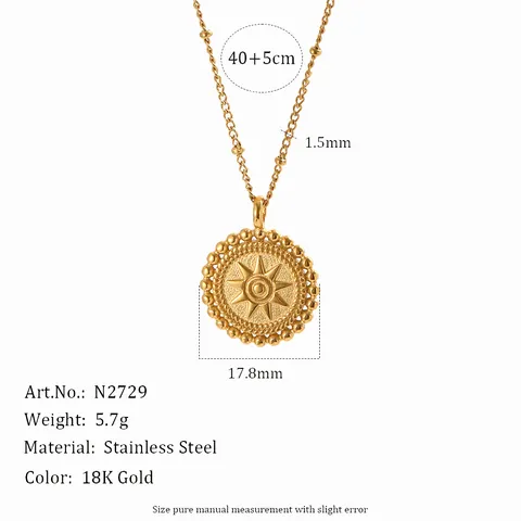 Vintage 18K Gold Plated Stainless Steel Star Round Disc Pendant Necklace Minimalist Embossed Sun Coin Jewelry For Women
