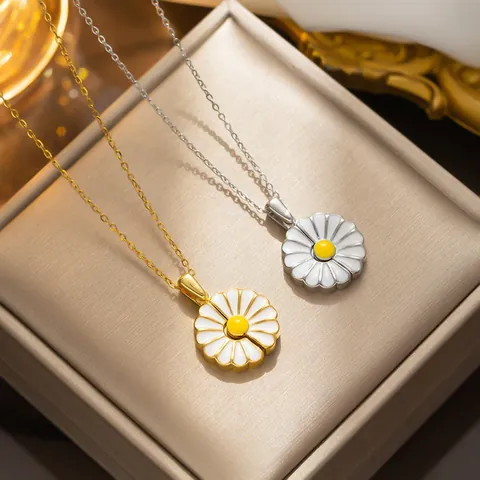 Collar de Colgante de Margarita de Apertura de Acero Inoxidable para Mujer Cobre Esmalte Flor Goteo de Aceite Joyería