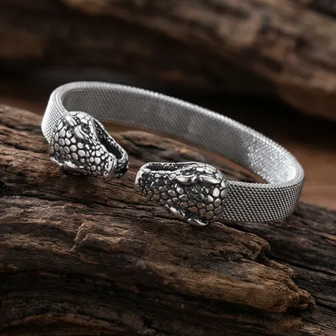 Double Snake Head Open Bangle Stainless Steel Mesh Elastic Wristband Punk Gothic Vintage Jewelry For Men