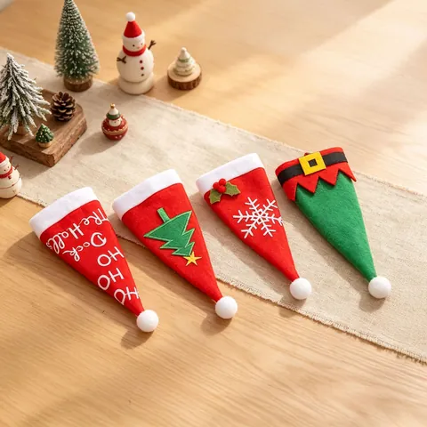 Christmas Non-Woven Fabric Cutlery Holder Snowflake Tree Embroidery Hat Shape Table Dinner Decoration Party Xmas Gifts