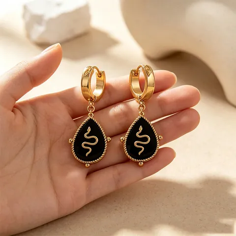 Stainless Steel Snake Pattern Drop Hoop Earrings For Women Western Vintage Black Enamel Drip Oil Animal Design Fashion Jewelry