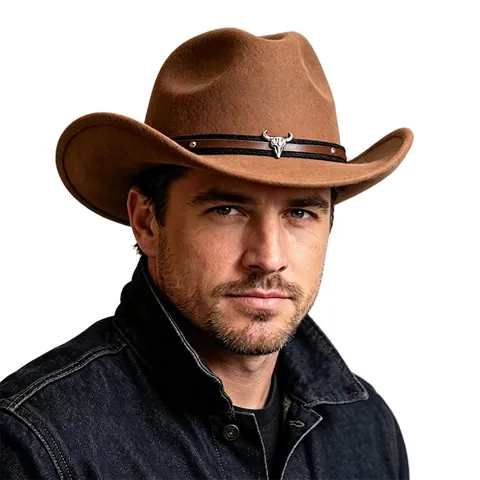 Retro Western Cowboy Hat For Women Men Ethnic Felt Hat With Bull Head Metal Decor Rivet Fedora Outdoor Travel Sun Hat