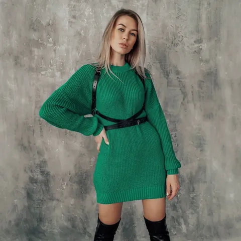 Damen Mittellang Locker Lässig Pullover Kleid Grobstrick Langarm Rundhalsausschnitt Einfarbig Weich Strickmode Top