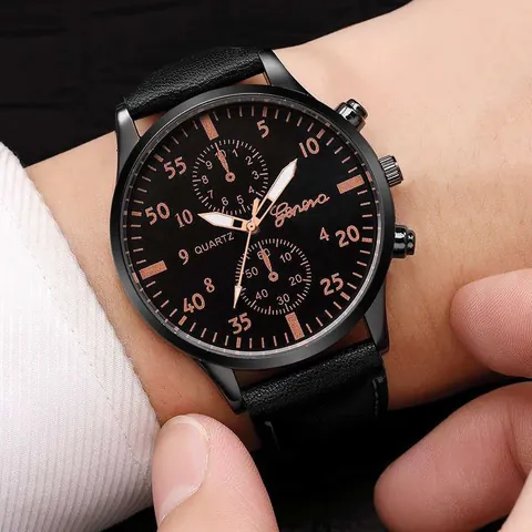 Montre à Quartz pour Hommes de Style Geneva Boîtier en Alliage Bracelet en Similicuir Look Chronographe Montre Décontractée