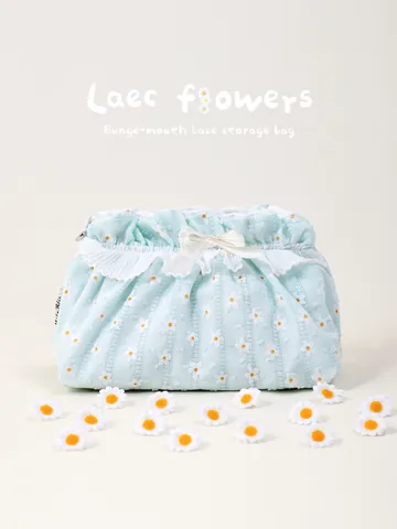 Floral Cosmetic Bag Lace Daisy Print Cotton Portable Makeup Organizer Pouch Zipper Travel Toiletry Wash Bag