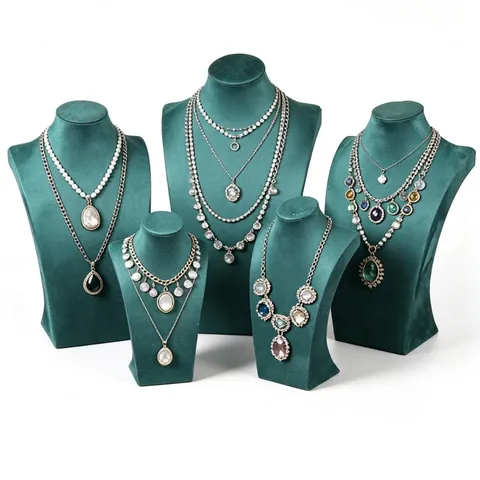 Emerald Green Velvet Solid Wood Necklace Display Stand Mannequin Bust Jewelry Show Organizer Photography Prop Elegant