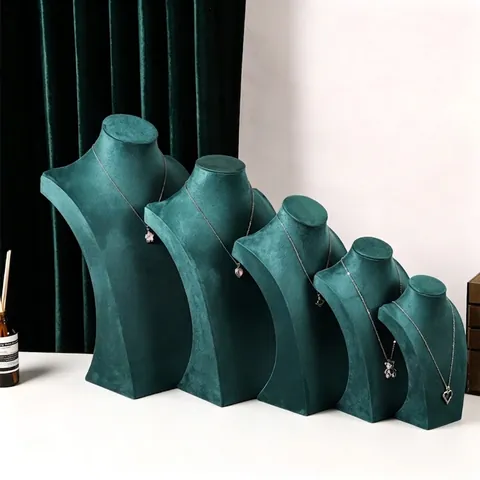 Emerald Green Velvet Solid Wood Necklace Display Stand Mannequin Bust Jewelry Show Organizer Photography Prop Elegant