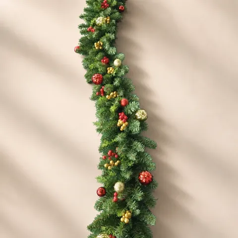 Artificial Christmas Garland Pre-lit With LED Lights Red Berries Ornaments For Holiday Party Mantle Staircase Decor