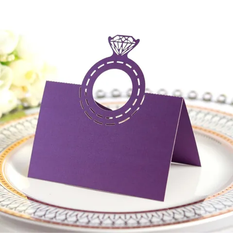 Elegant Laser Cut Diamond Ring Shape Place Cards Hollow Out Pearlescent Paper Name Cards For Wedding Banquet Party Table Decoration