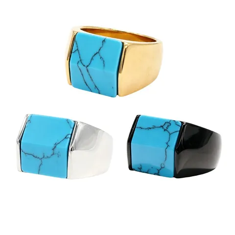 Bague Chevalière En Acier Inoxydable Pour Homme Avec Pierre Turquoise Bleue Carrée Style Punk Rétro