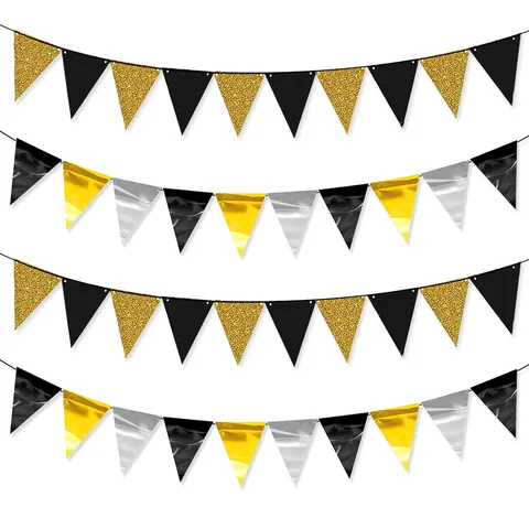 New Year Celebration Banner Triangle Pennant Glitter Paper Black Gold Star Garland Graduation School Party Decoration