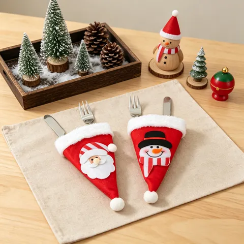 Christmas Tableware Holder Santa Snowman Cutlery Bags Mini Hat Knife Fork Pouches Non-Woven Fabric Holiday Decorations