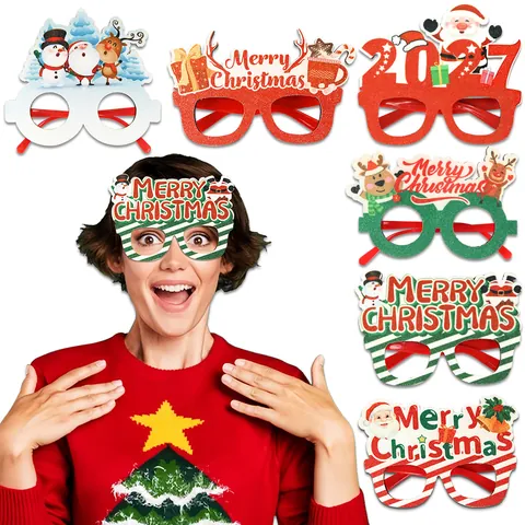 Montura de Gafas Decorativas de Feliz Navidad para Accesorios de Fotos de Fiesta de Vacaciones Gafas de Fiesta con Purpurina de Papá Noel y Alce de Dibujos Animados