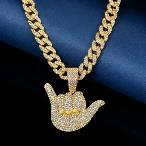 Men Hip Hop Iced Out Shaka Hand Gesture Pendant Necklace Zinc Alloy Rhinestone Jewelry Cool Cuban Link Chain