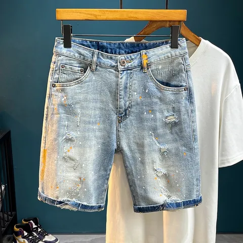 Men's High Street Light Blue Distressed Denim Shorts Paint Splatter Ripped Slim Fit Jean Shorts Vintage Streetwear Hip Hop Casual Pants