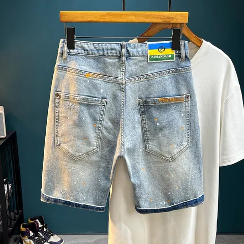 Men's High Street Light Blue Distressed Denim Shorts Paint Splatter Ripped Slim Fit Jean Shorts Vintage Streetwear Hip Hop Casual Pants