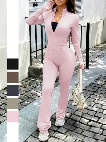Women Yoga Jacket Vest And Flared Pants Slim Fit Zip Up Stand Collar Thumb Hole Polyester Spandex Activewear Y2K
