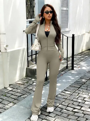 Women Yoga Jacket Vest And Flared Pants Slim Fit Zip Up Stand Collar Thumb Hole Polyester Spandex Activewear Y2K