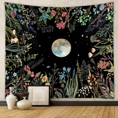 Moon Phase Floral Tapestry Wall Hanging Polyester Botanical Celestial Mystery Bohemian Art Decor For Living Room