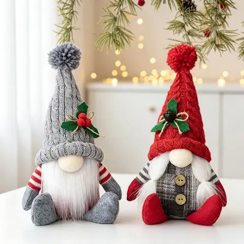 Handgemaakte Kerst Kabouter Pluche Ornamenten Noords Gebreide Zweedse Tomte Gnoom Poppen Rood Grijs Gezichtsloos Zittend Beeldje Xmas Thuis Decor