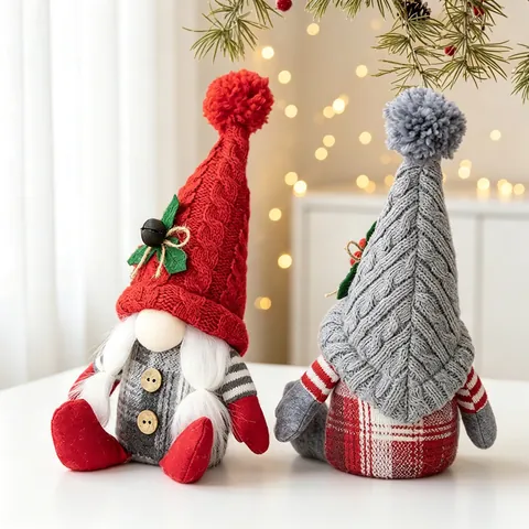 Handgemaakte Kerst Kabouter Pluche Ornamenten Noords Gebreide Zweedse Tomte Gnoom Poppen Rood Grijs Gezichtsloos Zittend Beeldje Xmas Thuis Decor