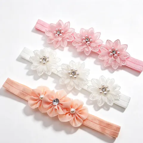 Baby Hoofdband Elastisch Kant Chiffon Bloemen Kunstparel Strass Handgemaakt Peuter Haaraccessoires Bruiloft Feest Prinses Stijl