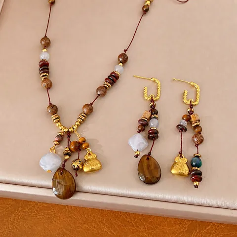 Ethnic Style Vintage Jewelry Set For Women Resin Water Drop Pendant Necklace Wood Beaded Long Sweater Chain Lucky Bag Earrings