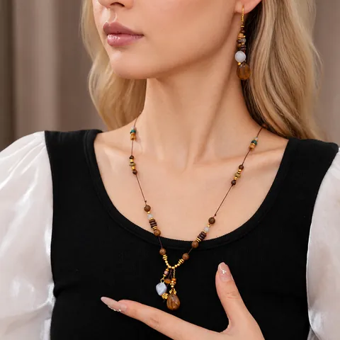Ethnic Style Vintage Jewelry Set For Women Resin Water Drop Pendant Necklace Wood Beaded Long Sweater Chain Lucky Bag Earrings